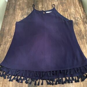 HAILEY LYN Navy Blue Swing Top with Two Rows of Tassels! Lined! Spaghetti Strp L